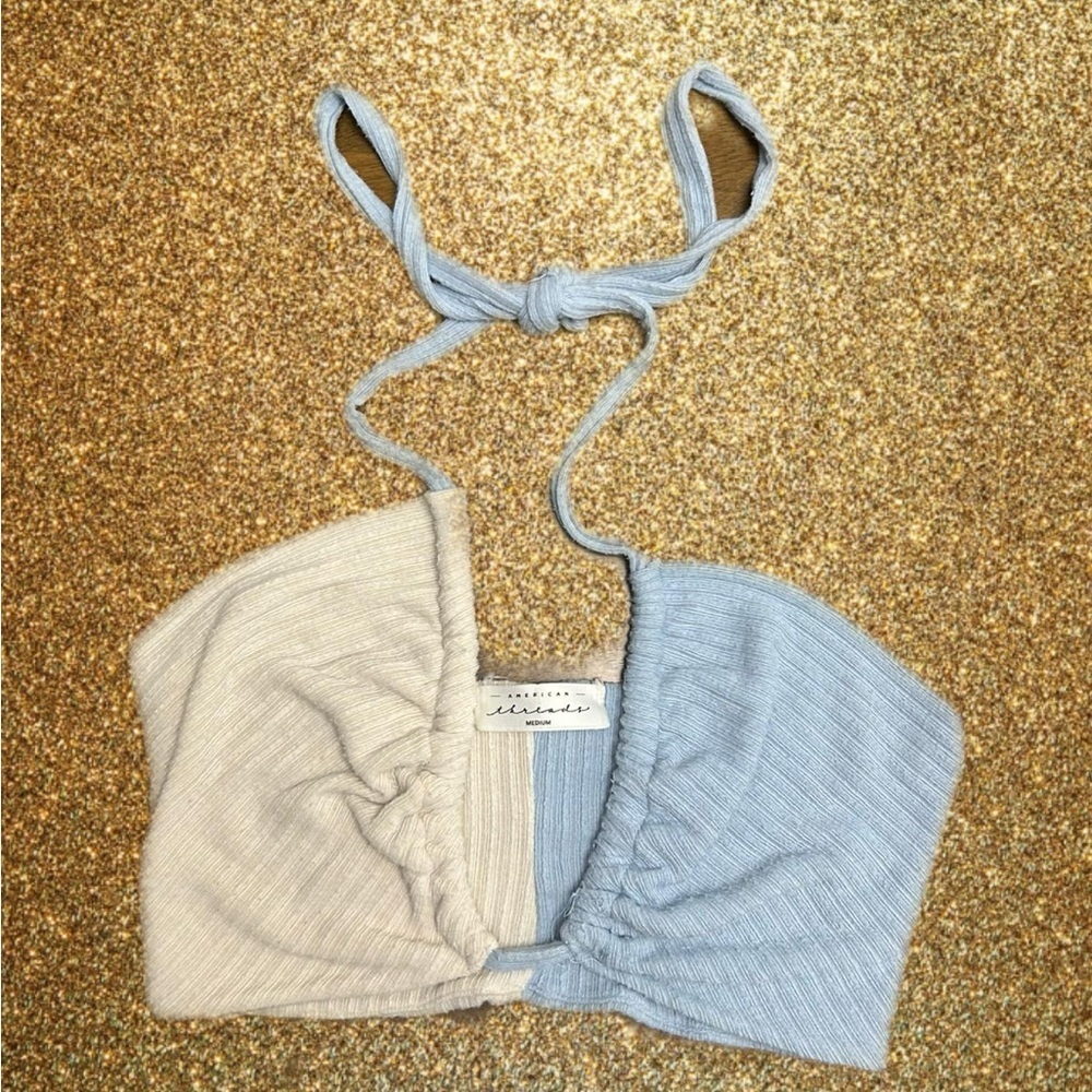 American Threads White Baby Blue Crop Top‎ M (0251)